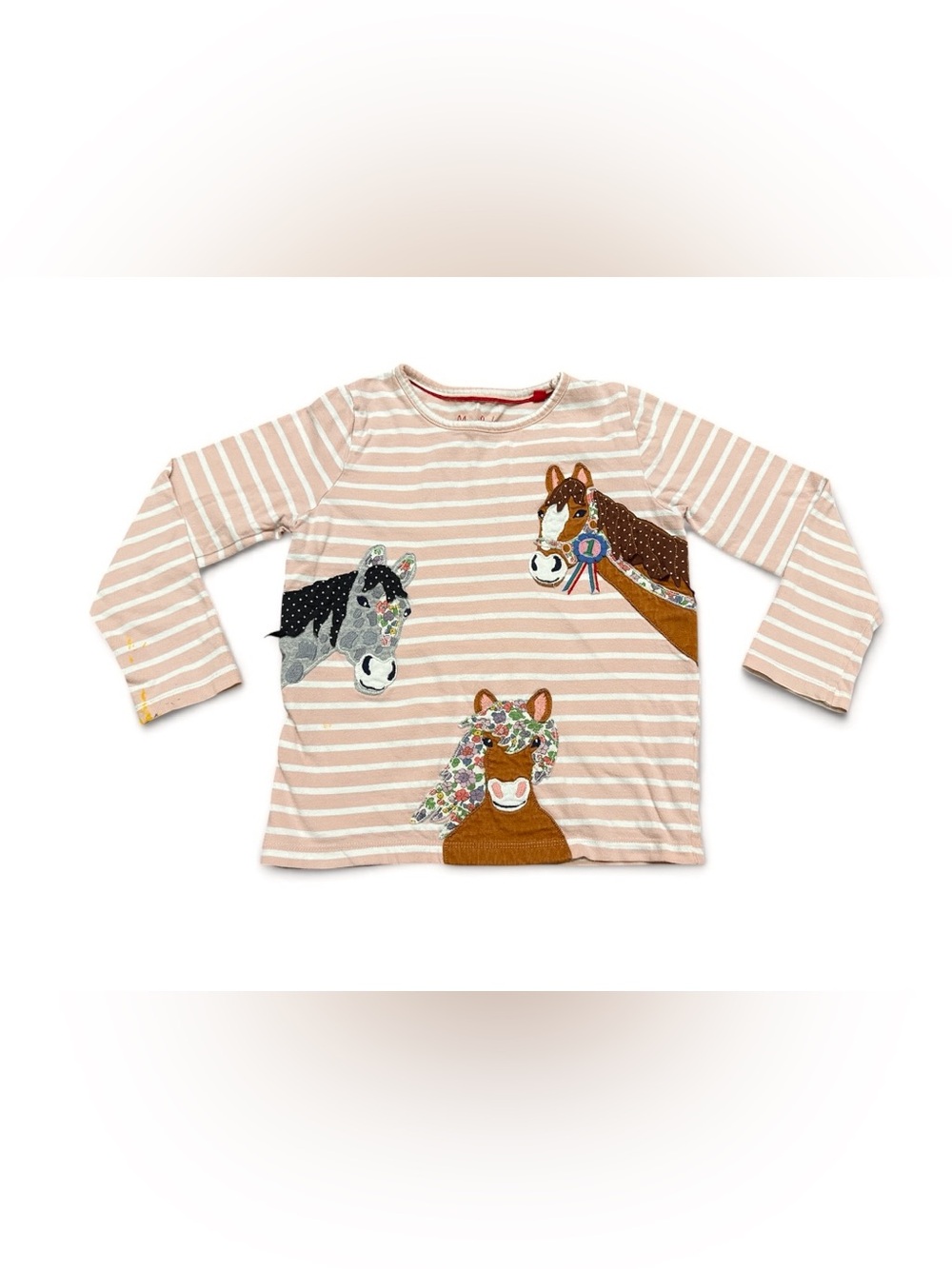 Mini Boden Horse Pony Appliqué Stripe Shirt Long Sleeve Girls Suze 6-7Y DAMAGED